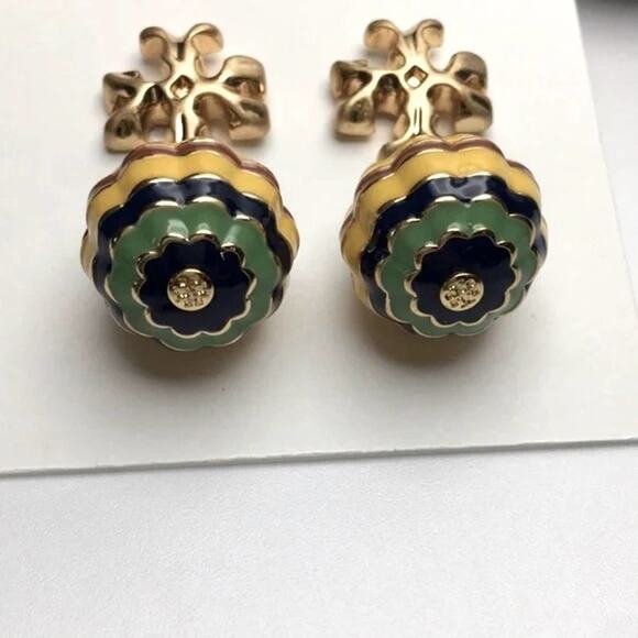 NWOT Tory Burch Gold Logo/ Yellow Multi Drop Stud Earrings - Picture 4 of 6